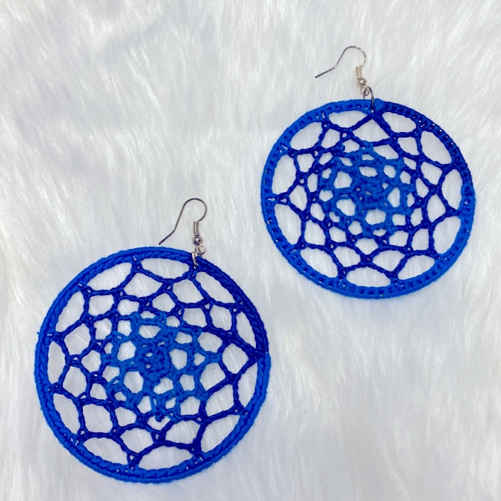 Handcrafted Crochet Webbed Shaded Blue Pair of Hoops Earrings One of A Kind !
